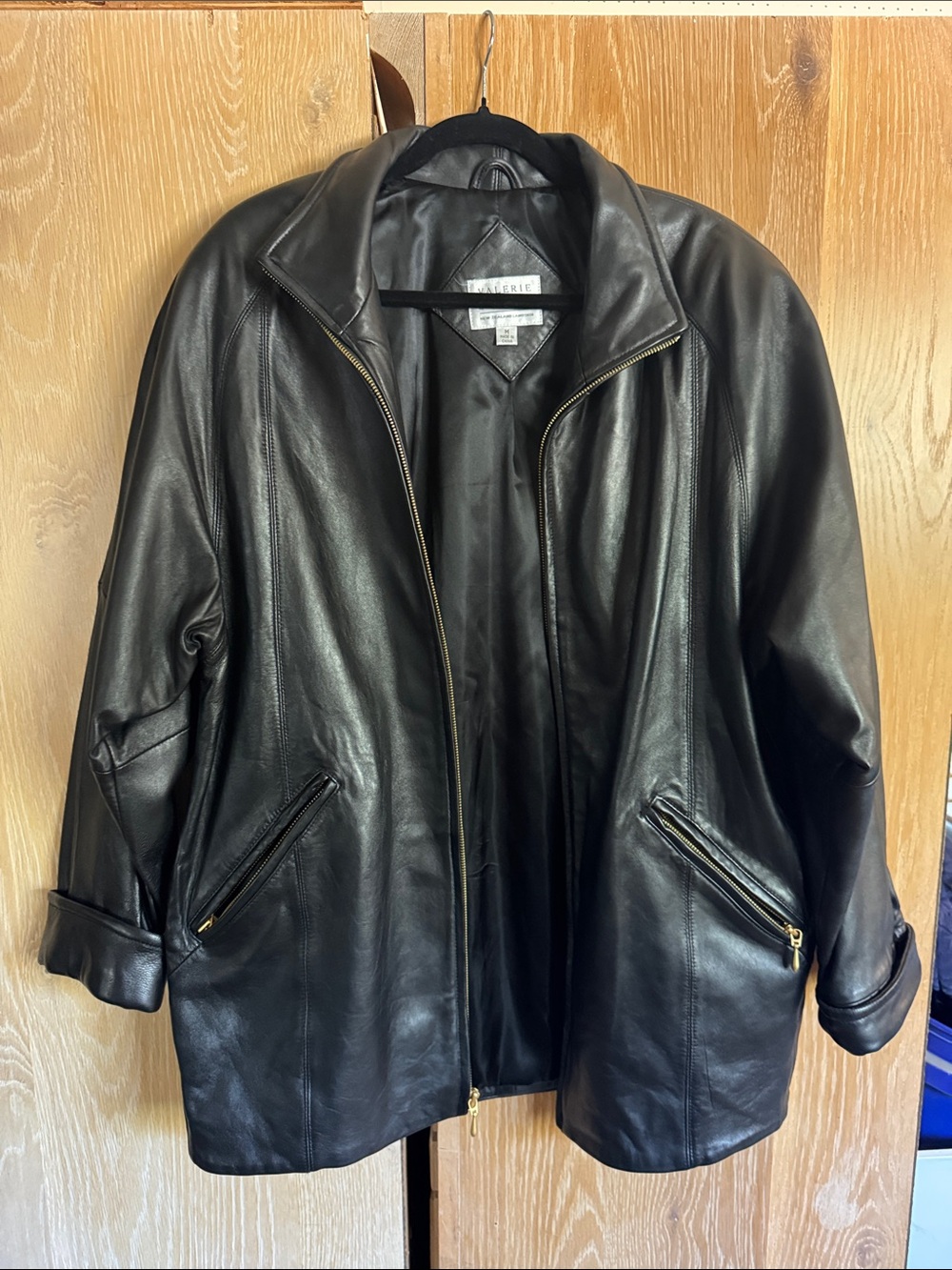 Valerie Stevens Black Leather Zip-Front Jacket with Gold Hardware